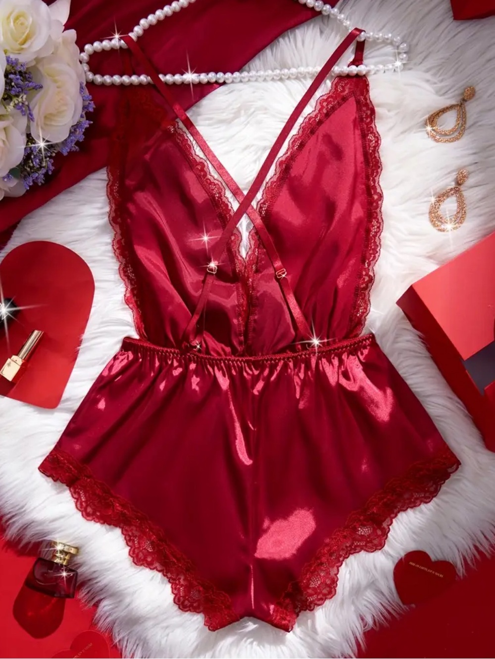 Red, Silky, Lace Trim, Lingerie Romper - Picture 2 of 5